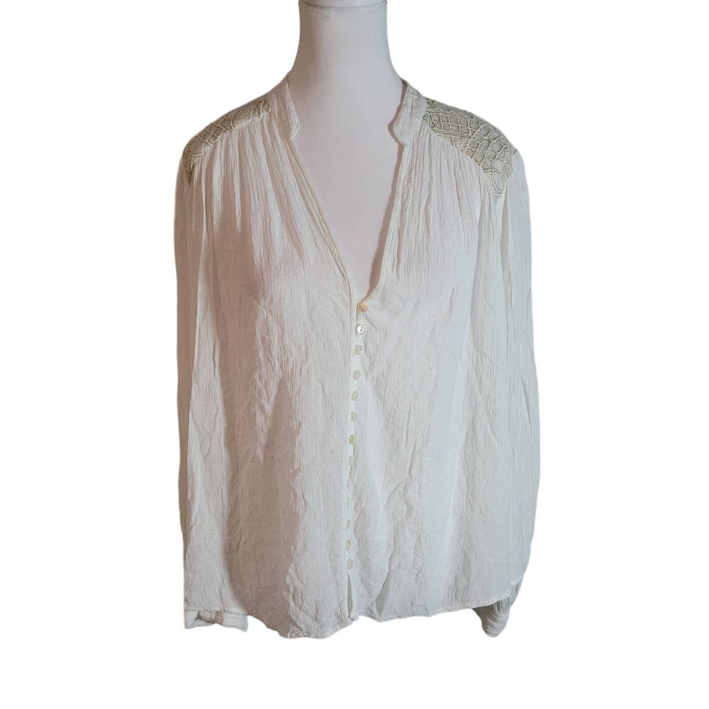 Free People Size S Ivory Canyon Rose Button Down Metallic Gold Lace Back Blouse